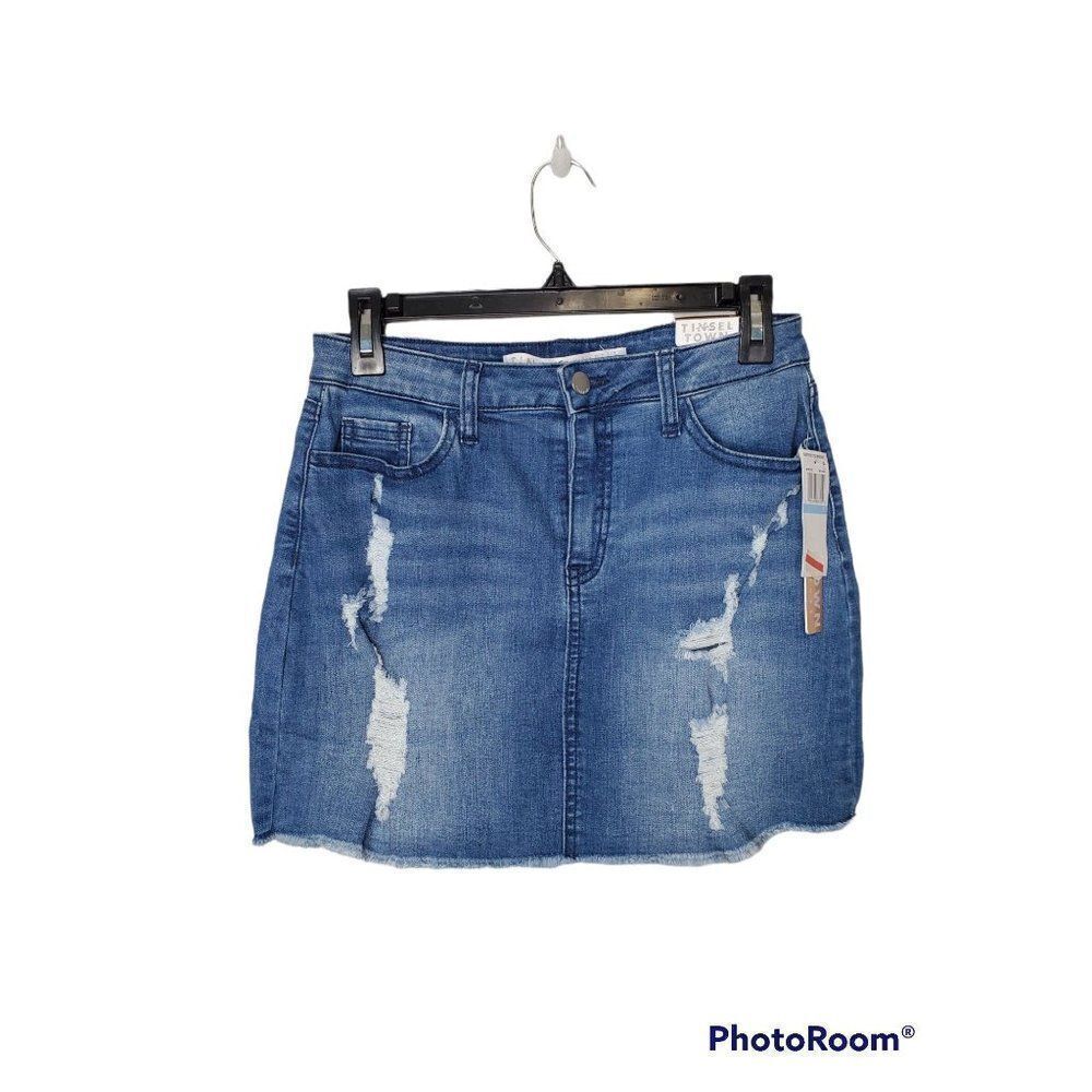 Tinseltown Denim Couture Junior's Distressed Raw Hem Denim Jean Mini Skirt Sz 5